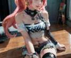 妮可·德玛拉（Nicole Demara）Zenless Zone Zero，A young girl with pink hair and black boots sitting on a wood bench.