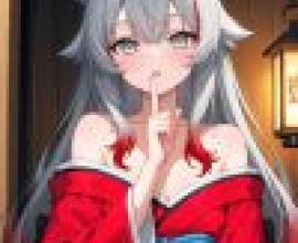 Cute girl，A young anime girl with grey hair and pink lips.
