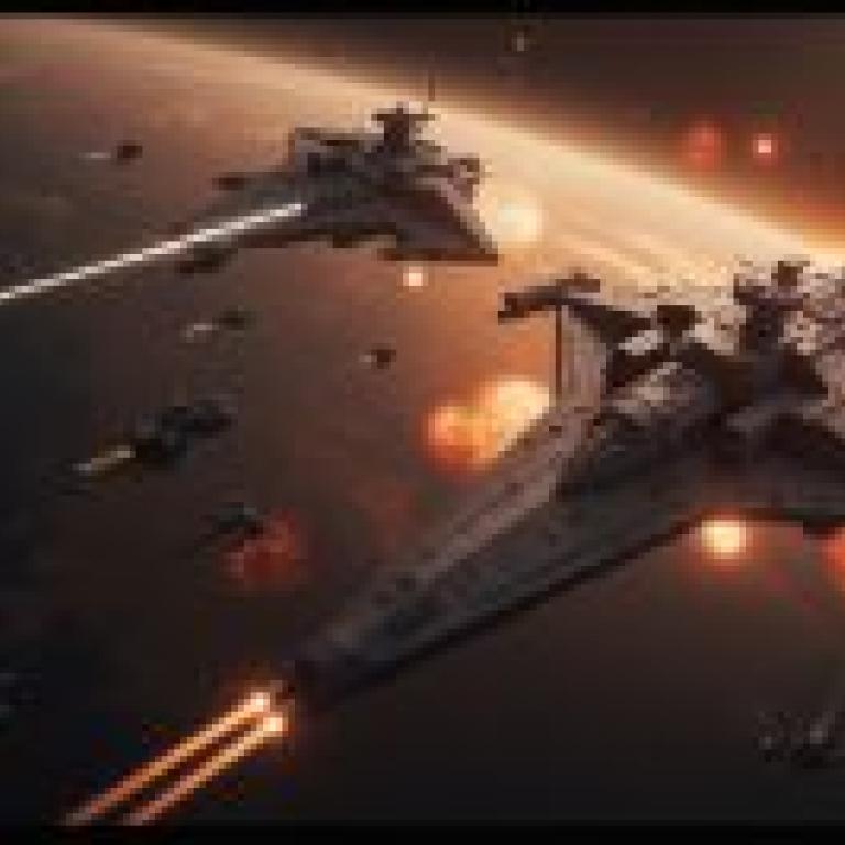 battle spaceSpace ship flying in front of the sun.