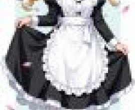 Maid，Girl in black and white dress standing with leg bent.