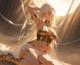 Desert mirage，A woman in golden armor is posing for the camera.