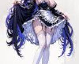 Maid，A woman with large breasts in blue lace dress and white high heels.