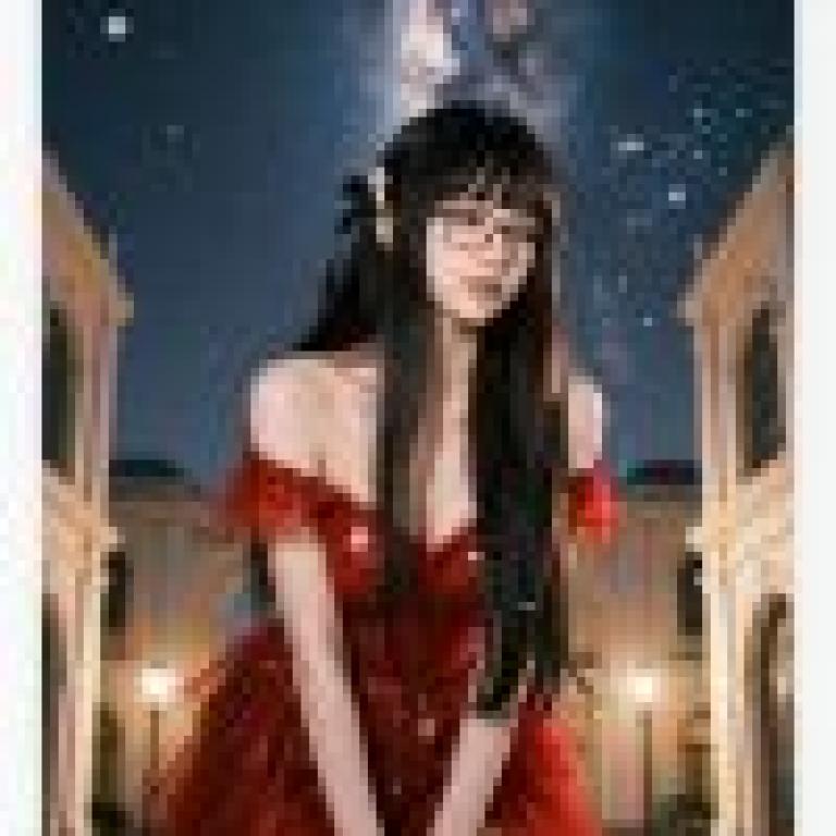 girls，A red dressed girl on the beach is wearing glasses.