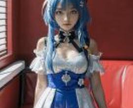 Griseo，Honka，藍頭髮的女孩，穿著連身裙，繫著黑色領帶。