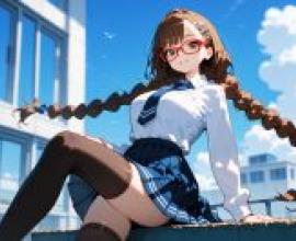 Misaki Sakimiya Anilist，樓頂上，戴著辮子和眼鏡的女孩。