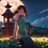 A woman in a green dress sitting on a grass field in front of a full moon and a building  Atey Ghailan  anime art  an anime drawing  fantasy art
