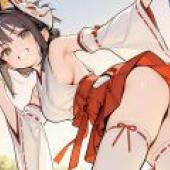 Charming witch，Anime girl sitting on cat with fingers in air.