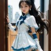 Mobile wallpaper， Honoka Yukishiro， realistic， the girl in front of the door wears a bow on her head.