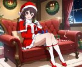 Christmas alone time，A young girl with a Santa hat sits on the arm 