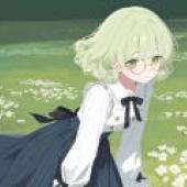 A beautiful dream on the green grass，A girl with green hair looking at the camera.