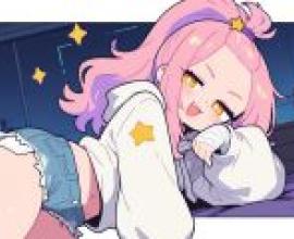 Pinch face girl，A girl with pink hair and purple shirt is laying down.