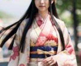 kimono uchikake hime，A girl with long dark hair in a kimono is walking down the street.