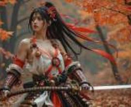 Japanese samurai girl，A woman in a red and white dress holds a sword.