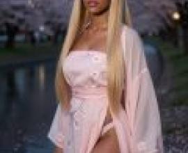 Experience Chinese culture，A blonde model wearing a kimono walks in front of cherry blossom trees.