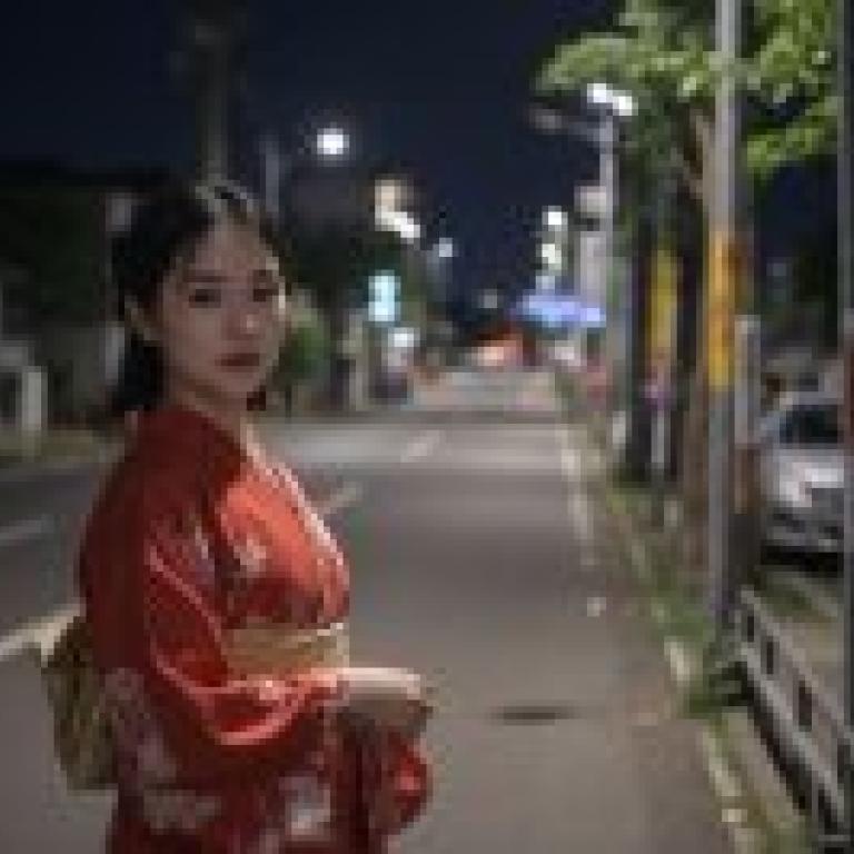 身穿和服的女子，夜晚站在人行道上，穿著紅色洋裝。