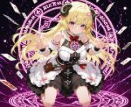 tsunomaki watame，A yellow haired female character in anime with horns and eyes that glow blue.