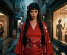紅色和服，身穿帶有白色圖案的紅色和服的亞洲女孩。