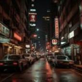 夢幻夜街：夜晚的城市街道，上面寫著亞洲文字。