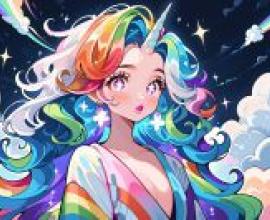 computer wallpaper， rainbow unicorn girl， anime， pastel rainbow， vibrant fantasy art