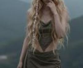 An unexpected encounter in the enchanted mountains，A young girl with long blonde hair wearing a brown dress standing in the middle of nowhere.