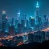 城市夜景，一座高樓林立的大城市夜景。