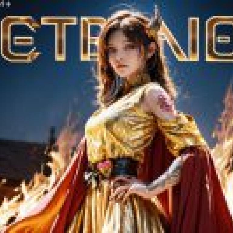 Ghost wolf，A woman in gold clothing standing next to a fire.