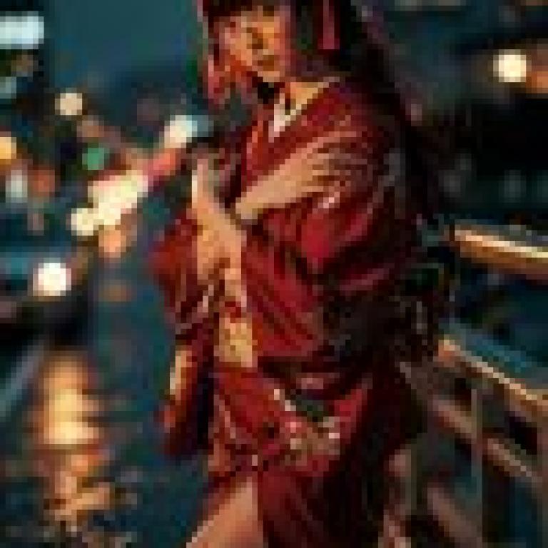 Japanese kimono，A girl standing in the rain with her arm around her waist.