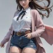 Fujino Mitsuki Zombie no Afureta Sekai de Ore dake ga OsowarenaiA woman with a white blouse and pink cardigan.