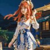 nilou， genshin impact，A woman in a blue and white dress with red hair.