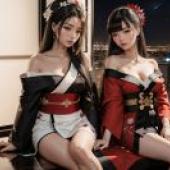 傳統和服夜曲：壁架上的和服佳人，夜色燈籠，桌布免費下載