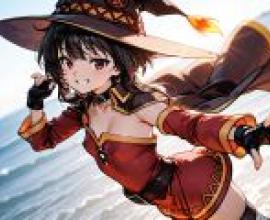 Konosuba God s Blessing on This Wonder World Megumin，一個戴著女巫帽和女巫裙的女孩。