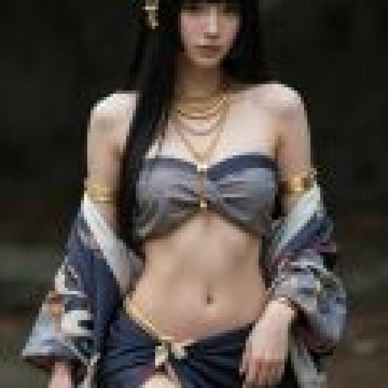 美麗的歷史陰影，一位佩戴金飾、身穿藍色長裙的亞洲女性。