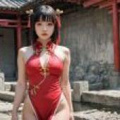 性感中國女孩，一個穿著紅色衣服、拿著筷子的女孩。