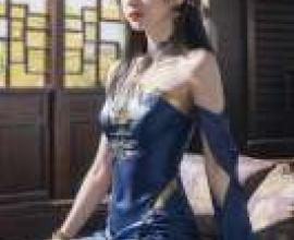 Li Muwan，A young woman in a blue dress with a gold trim.