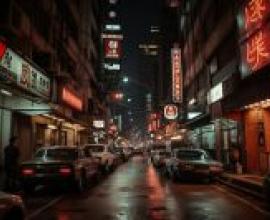 Fantasy Night StreetA city street at night with Asian writing on it.