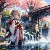 a cartoonish girlA girl is looking at something behind her in front of cherry blossoms and water.