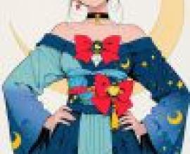 kimono，Girl wearing blue dress with red bow.