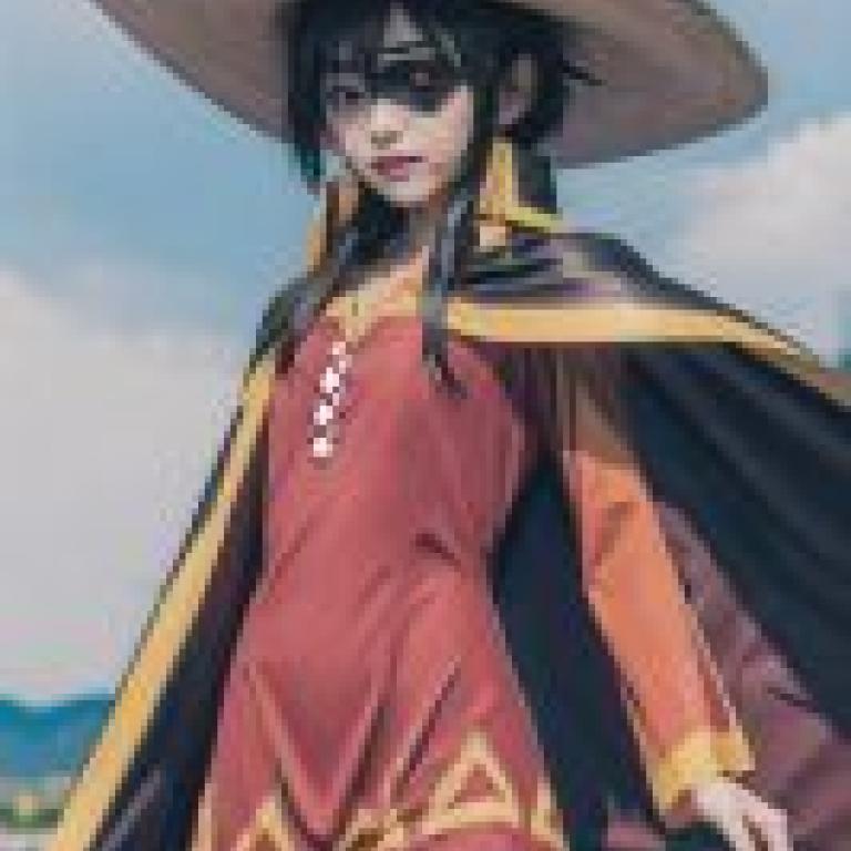 Megumin，KonoSuba main series，A female anime character wearing a black and orange cape.