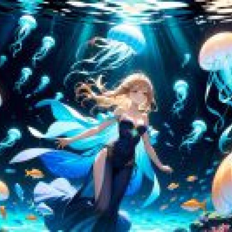 水下場景：一個女孩在海裡，周圍有魚和水母。