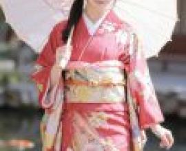 Cherry blossoms and kimonos，Model in red kimono standing in water.