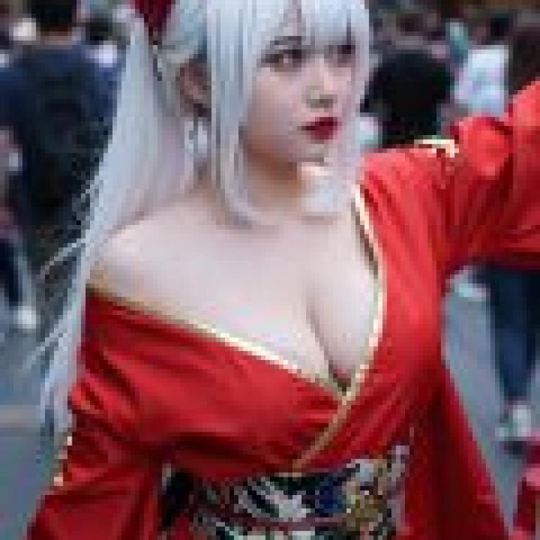 ZIT 01，一名穿著紅色和金色衣服的女子站在街上。