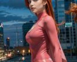 Mobile wallpaper， Samantha Eve Wilkins， Atom Eve， realistic， a red-haired girl sitting in the sun.