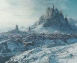 city in snow，雪中​​小鎮，背後有一座城堡。