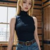 Yuki Tsukumo Jujutsu Kaisen，一位金髮女子身穿黑色上衣和藍色牛仔褲。