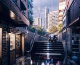 Computer wallpaper， city corner， realistic， motorcycle parked on the steps.