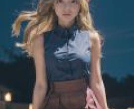 小威，寶可夢，一個穿著藍色襯衫、雙腿交叉的年輕女孩。