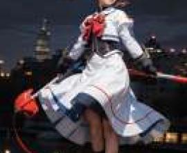 高町奈葉，魔法少女，穿著裙子，戴著蝴蝶結，手持紅色魔杖的女孩。