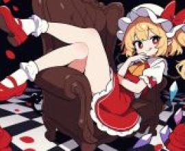 東方幻想鄉：一位穿著紅色鞋子和洋裝的女士坐在椅子上。