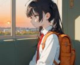 Past travels，a girl with a brown backpack looking out the window.