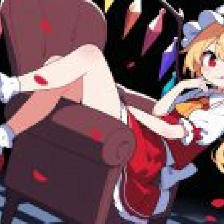 Touhou GensokyoGirl on chair in red dress.